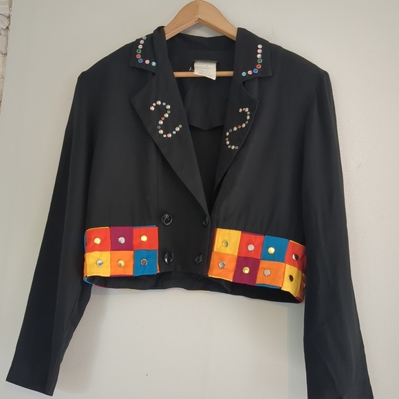 VTG Joseph Ribkoff Cropped Blazer 80s Colorful Embellished Women's SZ 12 Black - Picture 1 of 10